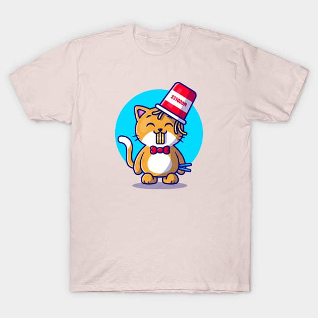 Cute Cat Eating Ramen Noodle With Chopstick Cartoon T-Shirt by Catalyst Labs